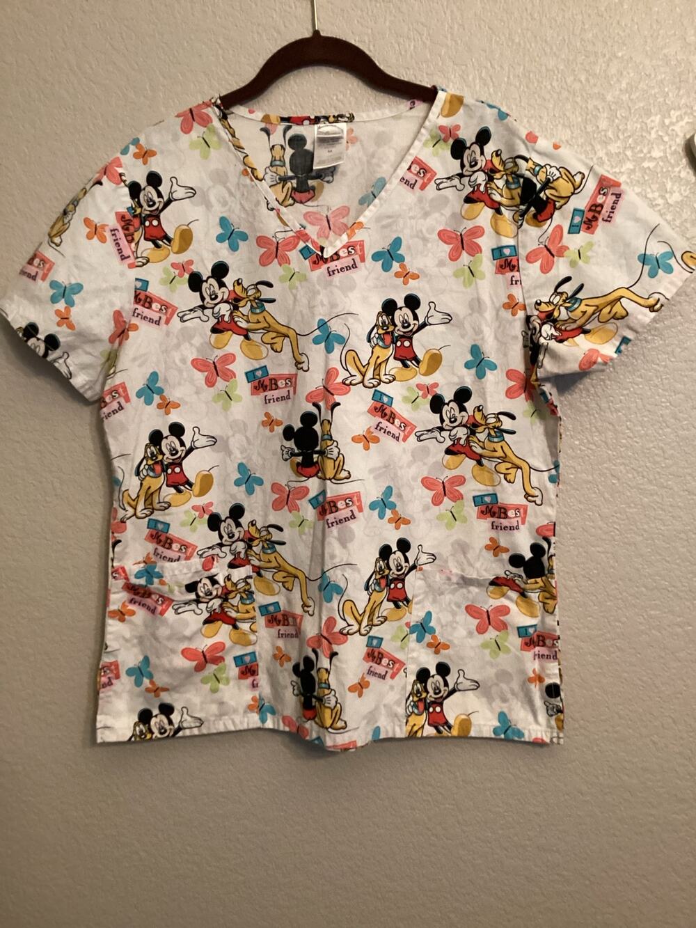 Disney Mickey & Pluto "My Best Friend" Butterfly V-neck Nurse Scrub Top M